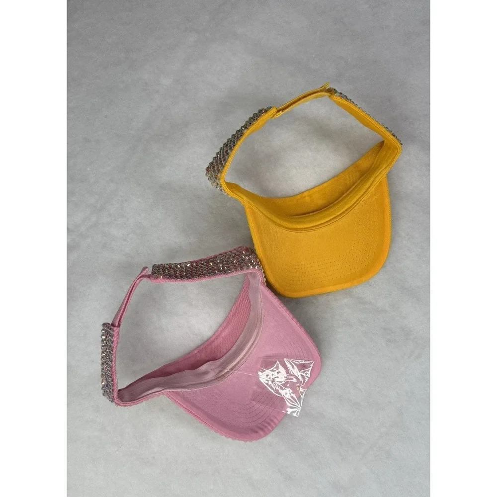 Women's Rhinestone Bling Sun Visor Hat Yellow & Pink Sparkly Adjustable